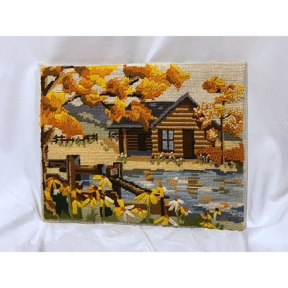 Vintage Finished Crewel Cabin in the Meadow Handmade Sunset Designs Fall Leaves - Picture 6 of 8
